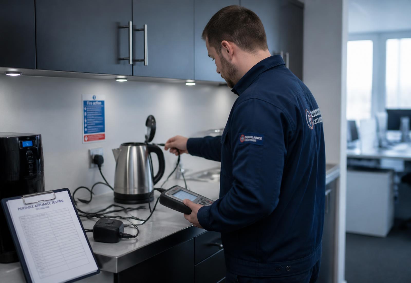 MDC Electrical engineer PAT testing portable appliances in a commercial workplace